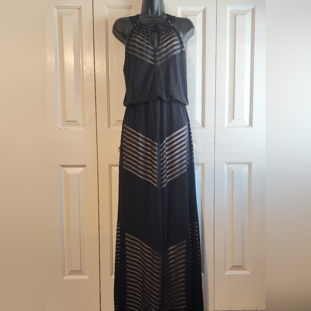 Chic Black Sheer Striped Halter Maxi Dress - Womens Size 4 - Brand: London Times